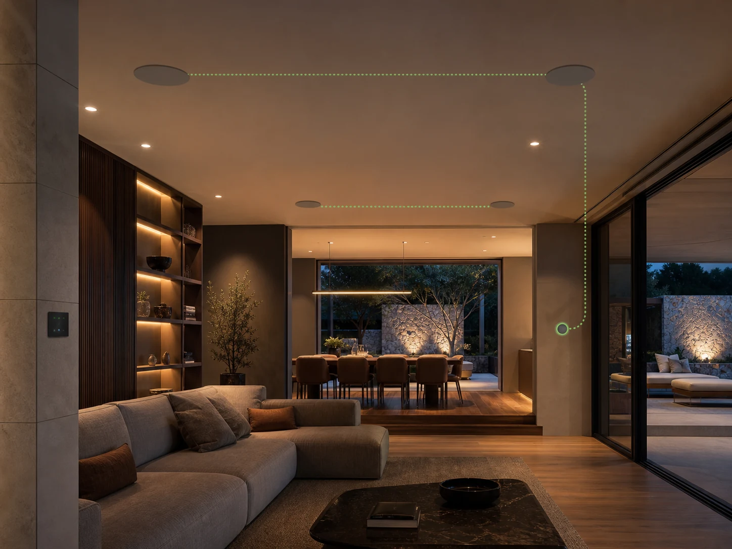 Conceptual open-plan interior with discreet in-ceiling speakers across connected audio zones
