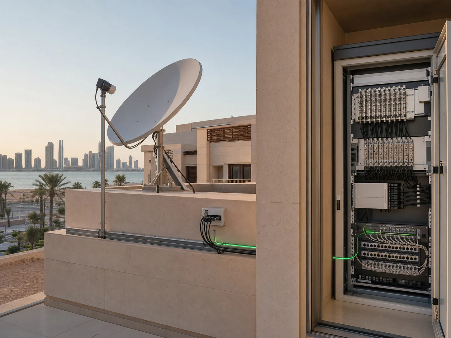 Conceptual rooftop satellite and IPTV distribution system connected to a professional equipment rack
